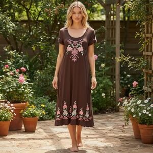 Karen Kane Brown Floral Embroidered Midi Dress Short Sleeve Scoop Neck Small